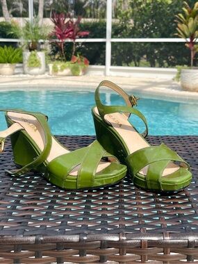 Prada Olive Green Patent Leather Platform Wedge Sandals - Size 36